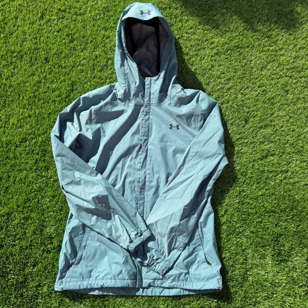 Under Armour Women Fitted Hooded Windbreaker Jacket Size SM Blue Full Zip Mesh
